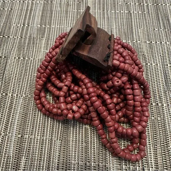 Bali Maroon Brown 14 Strand Bead Bracelet Wood Clasp Hard Wood Boho Casual - Picture 11 of 13